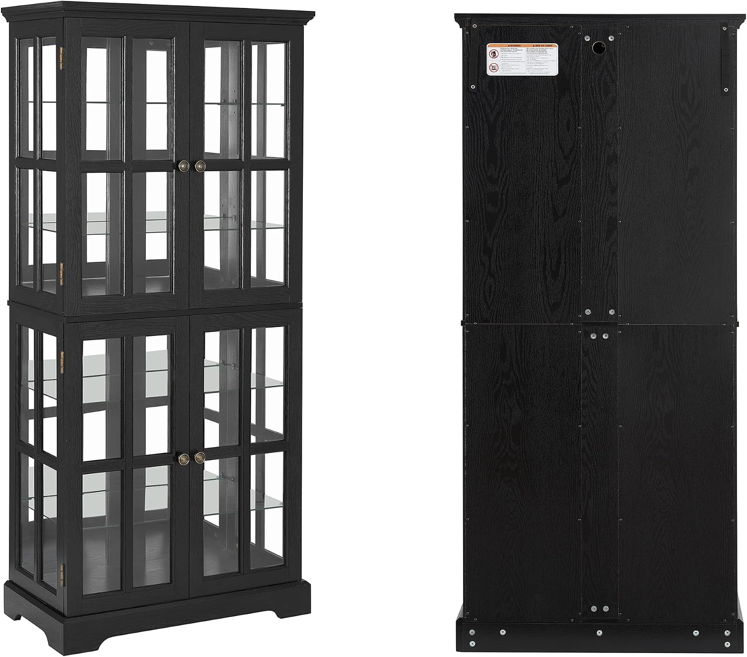 68' H Glass Curio Display Cabinet with Light, 6-Tier Wooden Storage Showcase w/ 4 Glass Doors & Adjustable Shelves, Vintage Accent Cabinet w/Mirrored Back Pane for Home & Office (Black)