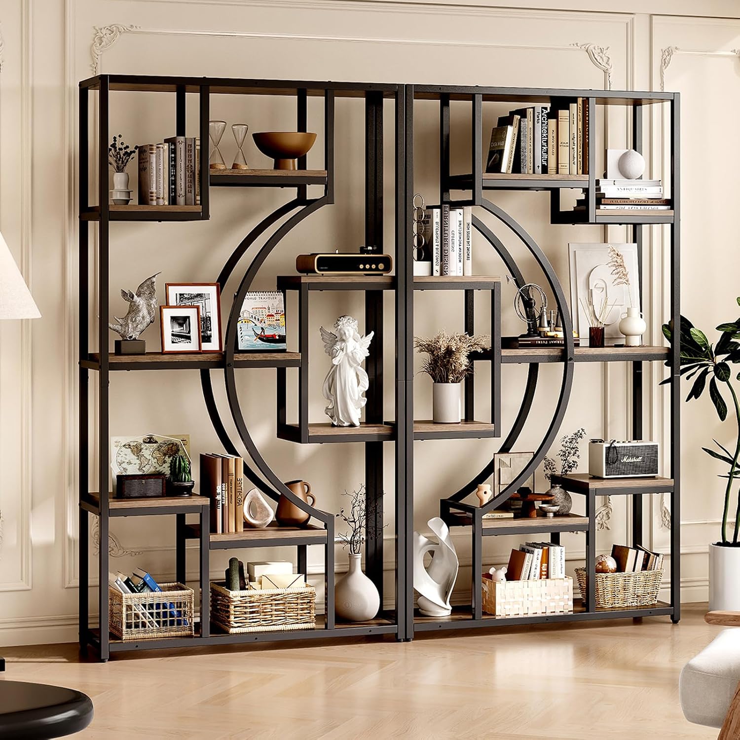 HolliWill 70.8' Tall Bookshelf Set of 2, 79' Wide Geometric Display Shelf with 18 Open Storage Shelves, Etagere Bookcase for Living Room, Office, Bedroom - Anti-Tip & Adjustable Feet
