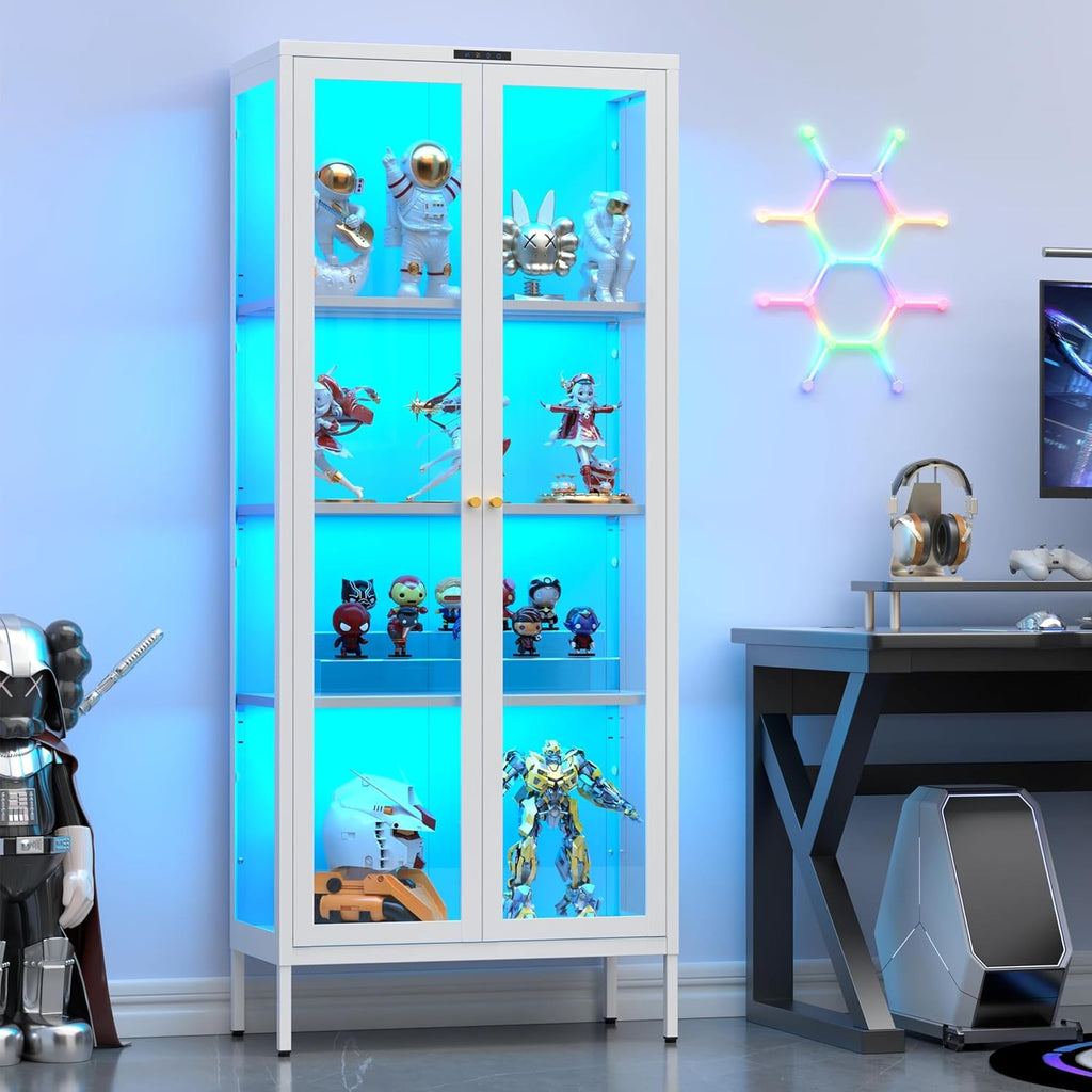 UNICOLY Display Cabinet with Glass Doors, Glass Display Cabinet with 8 Color LED Lights, Curio Display Cabinet with 3 Shelves for Living Room, Plant, Display Shelf, Assembly Required, White
