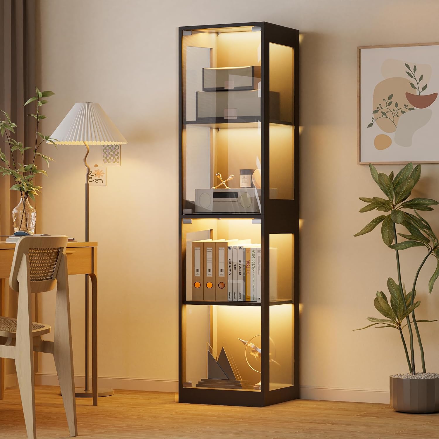 Grepatio Glass Display Cabinet, 4-Tier Display Cases for Collectibles, Curio Cabinet with RGB Lights, Glass Bookcase Shelf Display Kids Toy Cabinets for Collectible, Living Room, Playroom (Black)