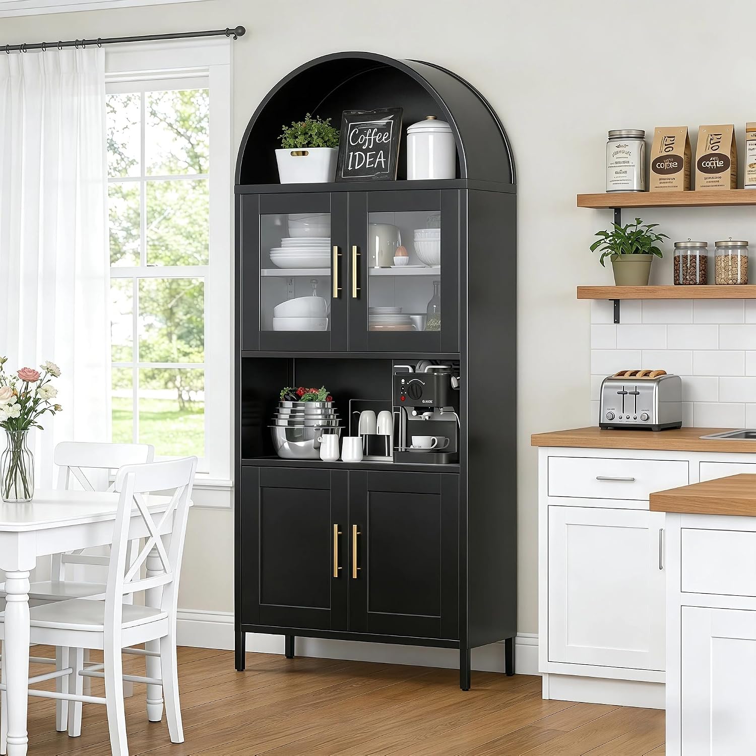 VEXPOR 73' Tall Arched Kitchen Pantry Cabinet with Doors, Metal Arched Hutch Cabinet for Kitchen, Dining Room, Living Room, Assembly Required, Black