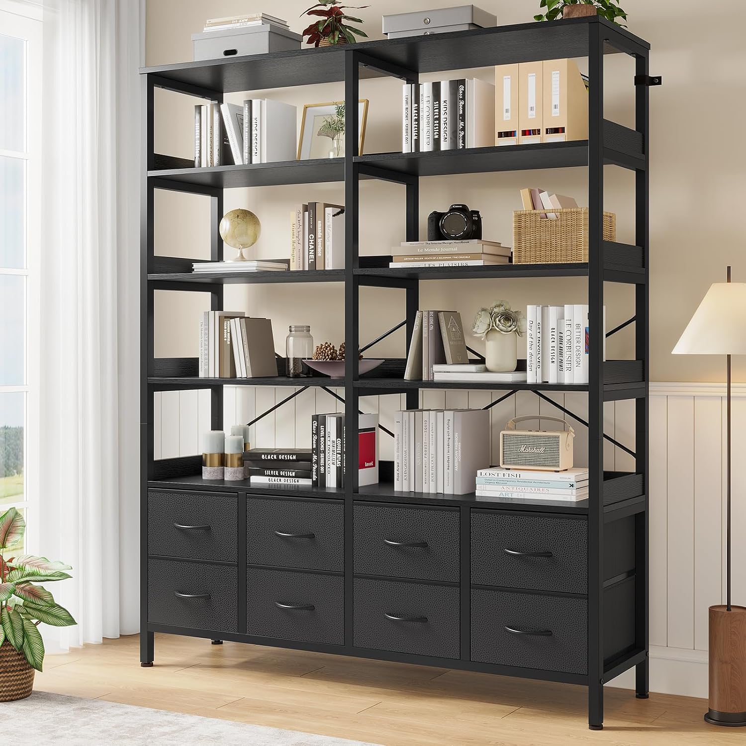 HAUOMS Bookshelf with 8 Fabric Drawers, 7-Tier Bookcase with Baffles Display Shelves, Industrial Large Book Shelf for Living Room Home Office, Black