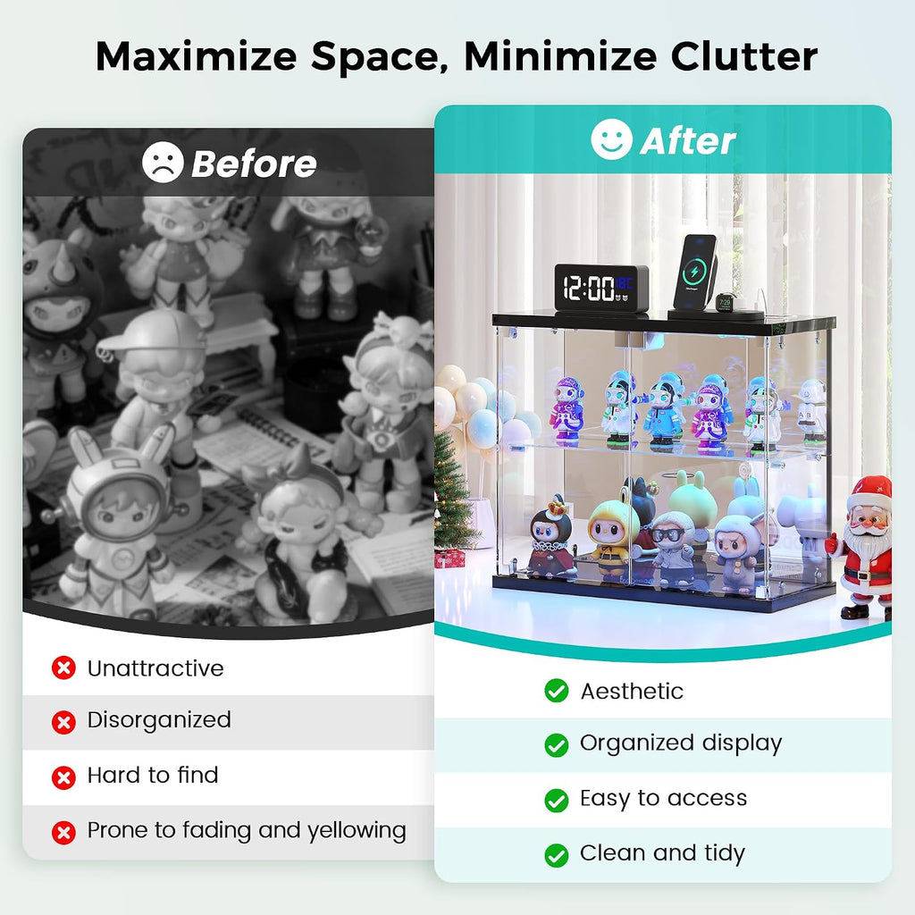 Dystler 2pcs LED Clear Glass Display Case - for Figures & Collectibles, Small 2-Tier Display Cabinet with Charging Station, Display Box with Lights & Human Sensor, for Model Car, Perfume, Black