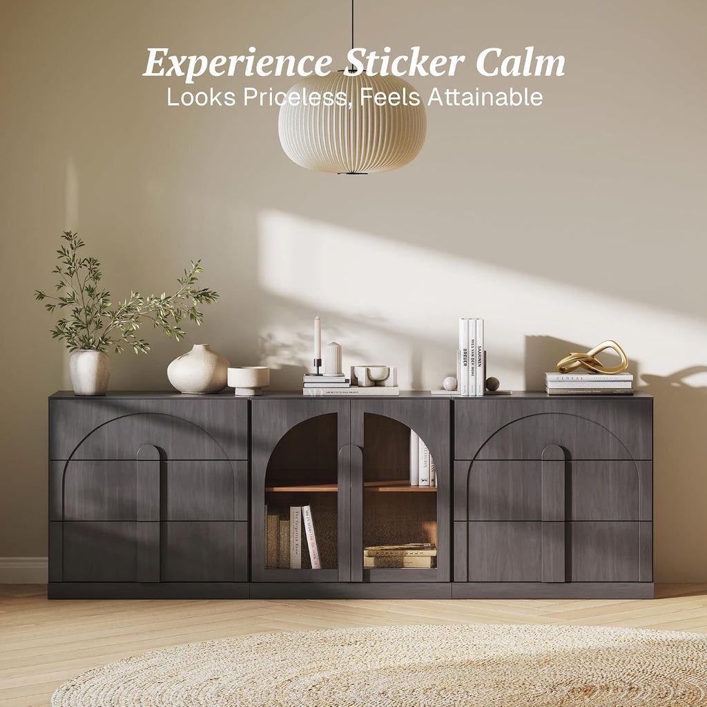 BELLEZE 3-Piece Sideboard Cabinet Set Freely Configurable, Modern Wood Modular Cabinet Contain 2 3-Drawer Storage and Display Glass Door, Accen Storage Console for Dining Room Living Room, Ebony