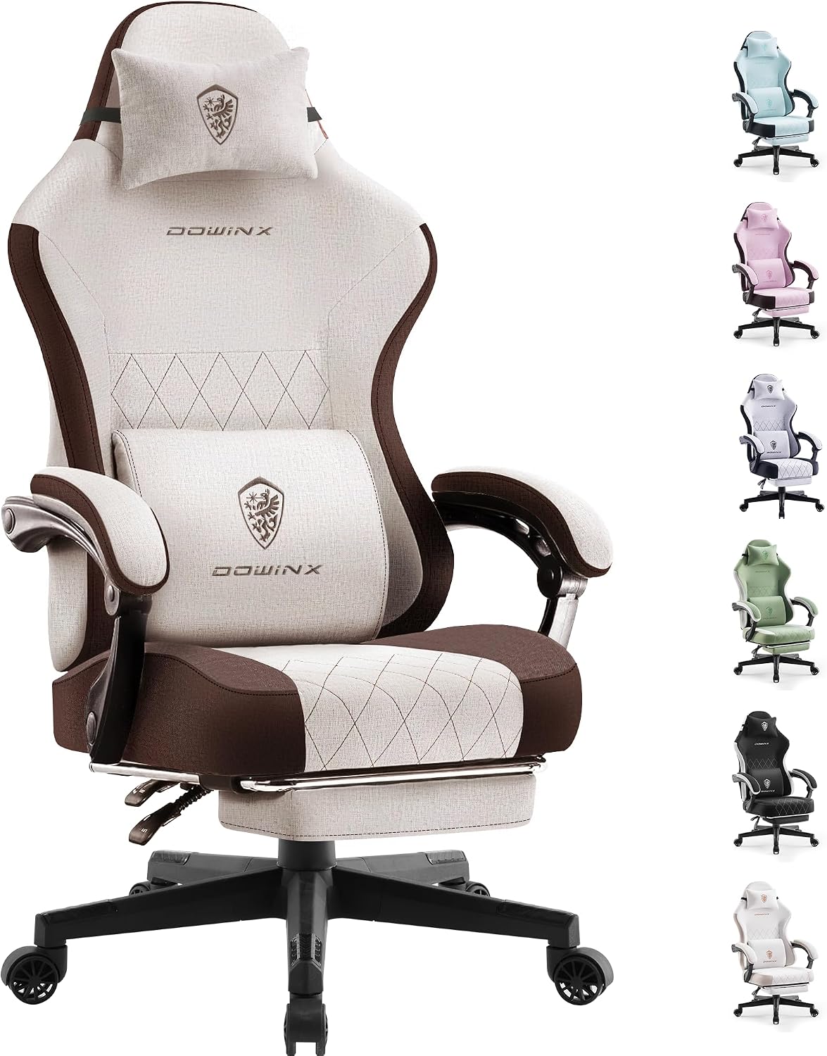 Dowinx Gaming Chair Fabric with Pocket Spring Cushion, High Back Ergonomic Computer Chair with Footrest for Adults, Massage Lumbar Support Swivel Game Chair for Office Gaming 300LBS, Brown
