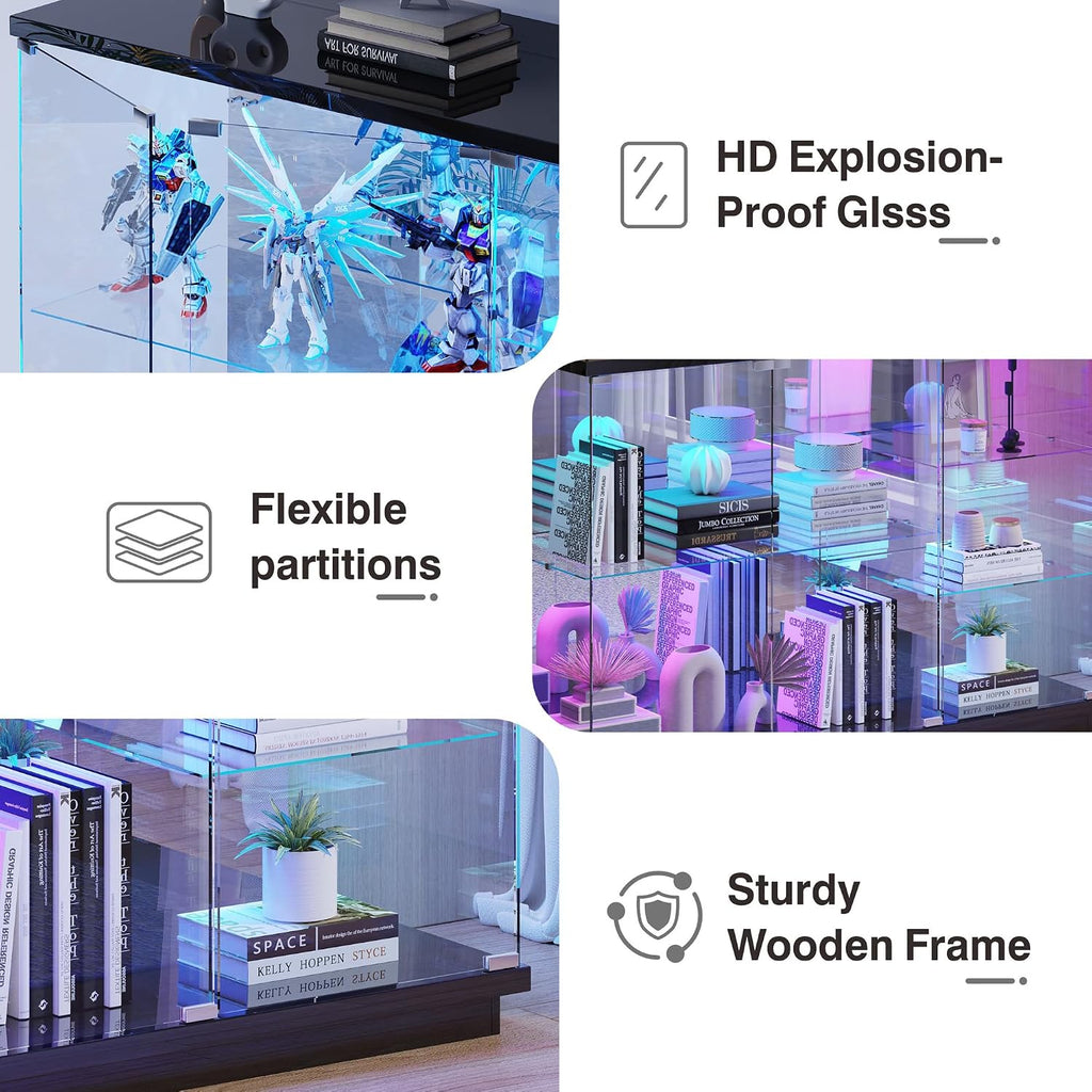 Lvifur High Gloss Display Cabinet - with Lock, Curio Cabinet with Human Body Sensor & Glass Shelves for Toys, Books, Collectibles, Liquor, Bookcase for Living Room, Kitchen, Study, Black