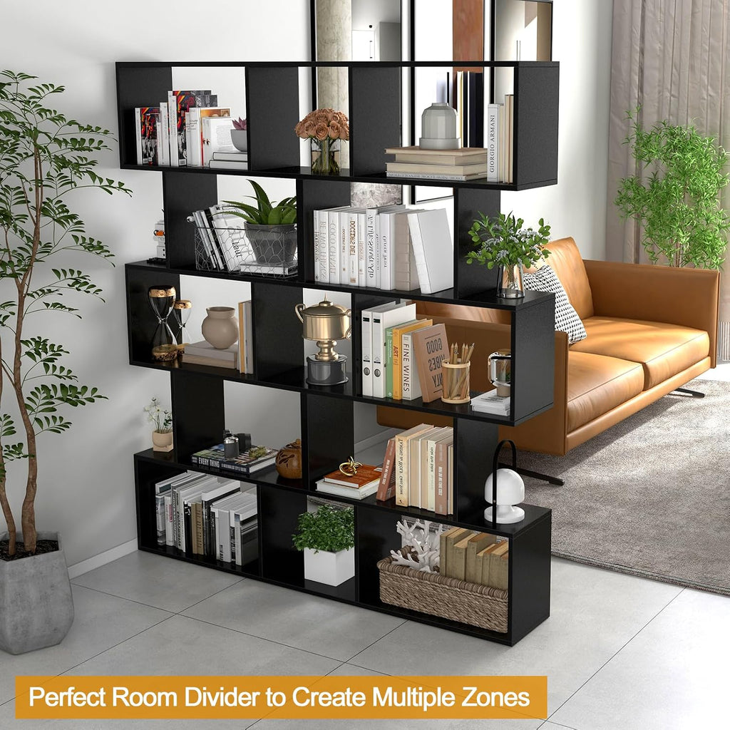 Tangkula 5-Tier Geometric Bookshelf, S Shaped Bookcase w/Anti-Toppling Device, Freestanding Room Divider, Industrial Home Office Decor Wood Open Storage Display Shelf for Living Room (2, Black)