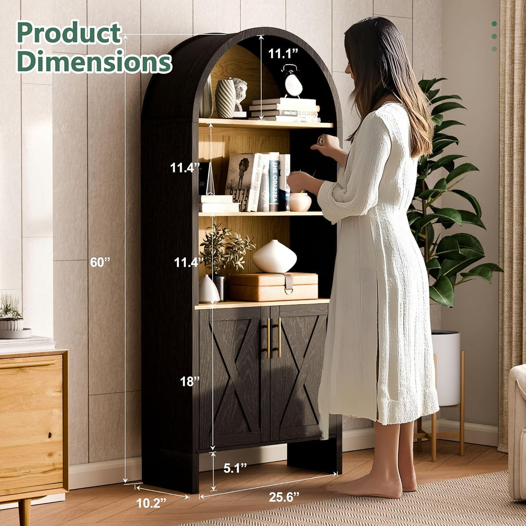 Arch Storage Cabinet with Beech-Wooden Door, 60' Cute Arched Display Cabinet, 4 Tier Farmhouse Buffet Cabinets with Storage for Dining Room, Living Room, Home Office or Kitchen (Black)