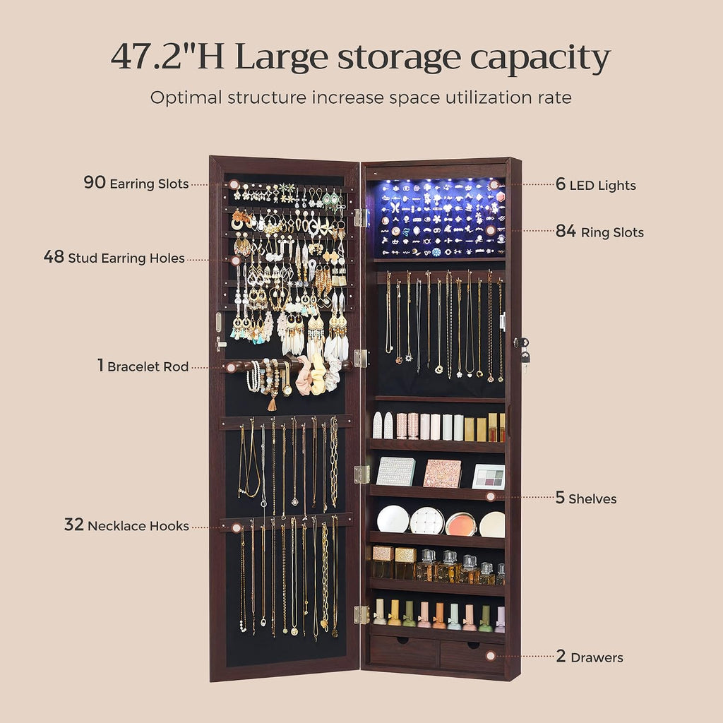 SONGMICS 6 LEDs Mirror Jewelry Cabinet, 47.2-Inch Tall Lockable Wall or Door Mounted Jewelry Armoire Organizer with Mirror, 2 Drawers, 3.9 x 14.6 x 47.2 Inches, Brown UJJC93K