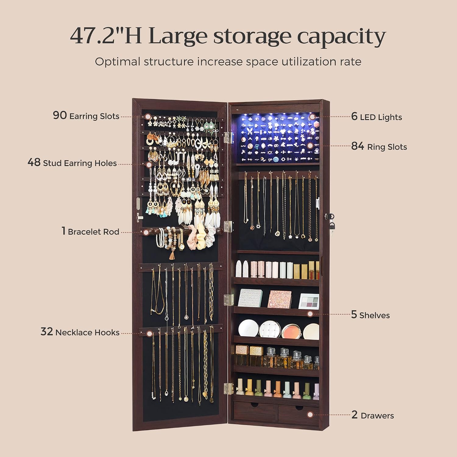 SONGMICS 6 LEDs Mirror Jewelry Cabinet, 47.2-Inch Tall Lockable Wall or Door Mounted Jewelry Armoire Organizer with Mirror, 2 Drawers, 3.9 x 14.6 x 47.2 Inches, Brown UJJC93K
