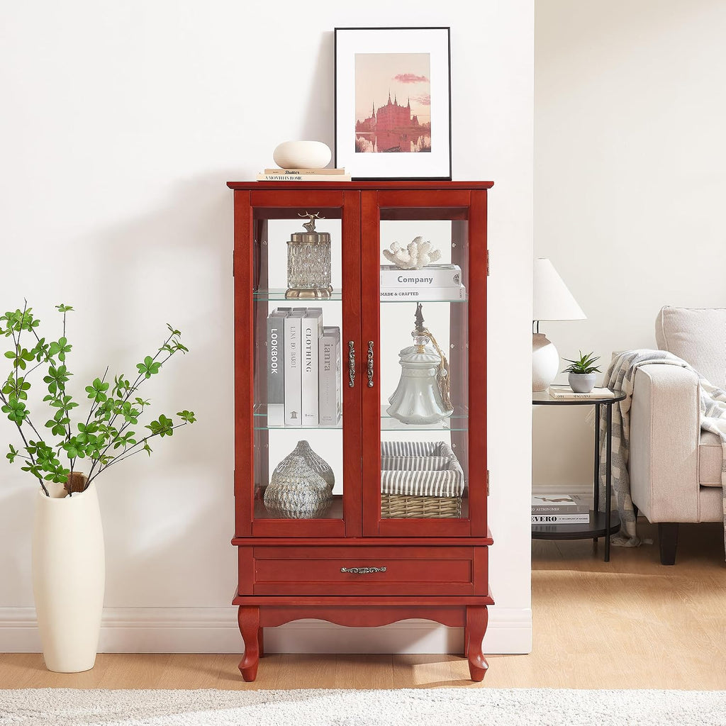 49' H Lighted Curio Cabinet Display Case, Glass Curio Cabinet with Adjustable Shelves,Tempered Glass Door and Drawer, Wooden Cabinets w/Mirrored Back Pane for Living Room (Cherry)