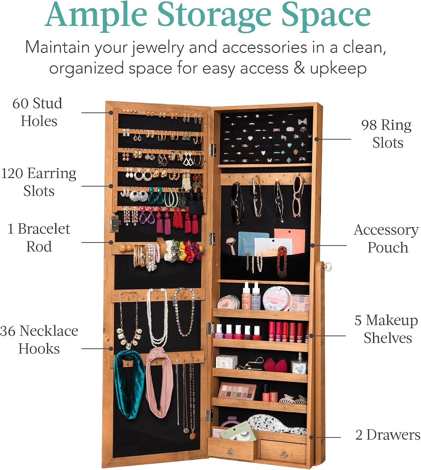Best Choice Products Freestanding Jewelry Armoire Cabinet, Full Length Standing Mirror, Lockable Makeup Storage Organizer, w/Velvet Lining, 3 Angles, Lock, Accessory Pouch, 5 Shelves - Rustic Brown