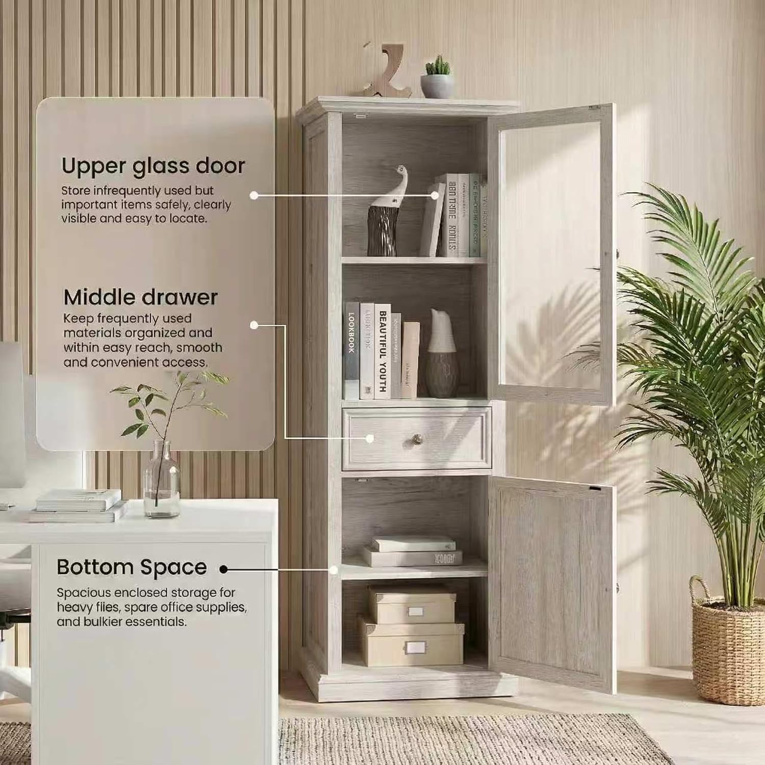 65' Tall Bookcase with Tempered Glass Door, Elegant Freestanding Display Cabinet with Drawer, Modern Wooden Kitchen Pantry Storage Cabinets for Living Room/Office(White)