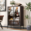 51' Modern Aluminum-Frame Showcase Cabinet, Lego Display Case with Glass Doors, Lego Display Shelves with LED 4-Tier for Home Office Living Room, Black + Dark Walnut