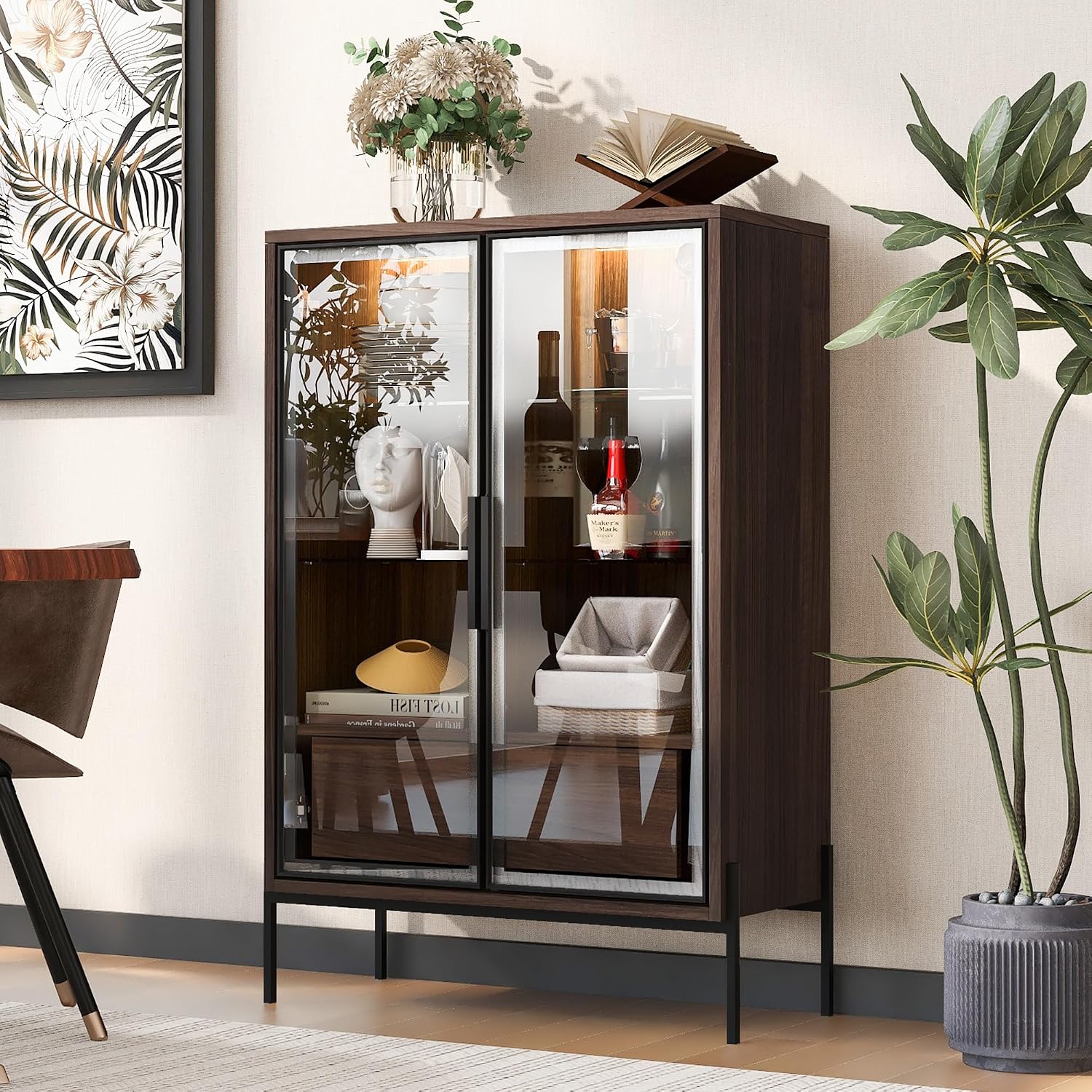 51' Modern Aluminum-Frame Showcase Cabinet, Lego Display Case with Glass Doors, Lego Display Shelves with LED 4-Tier for Home Office Living Room, Black + Dark Walnut