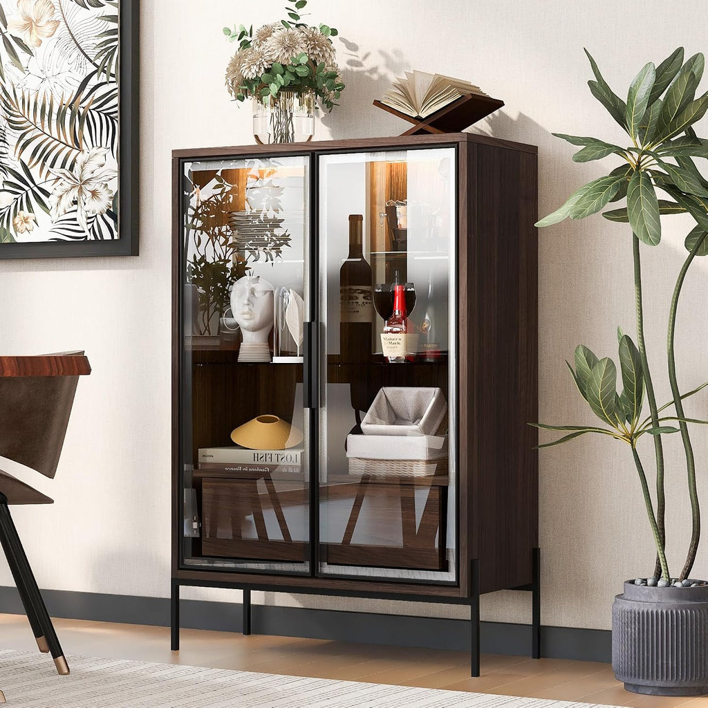 51' Minimalist Aluminum-Frame Showcase Cabinet, Lego Display Case with LED Lighting, Lego Display Shelves with Adjustable Glass Shelves & Drawers for Home Office Living Room, Black + Dark Walnut