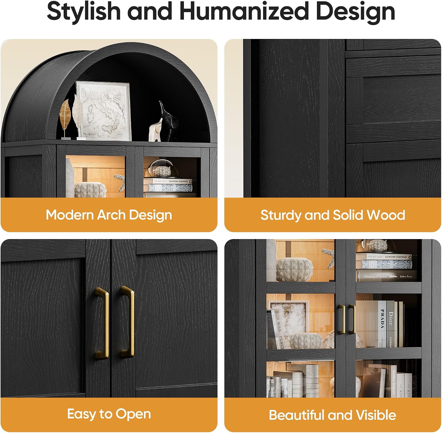 71' Display Arched Storage Cabinet with Glass Doors & Auto Sensor LED Lights, Tall Modern Black Storage Cabinets with Drawers and Adjustable Shelves for Dining Room/Bathroom/Kitchen/Office
