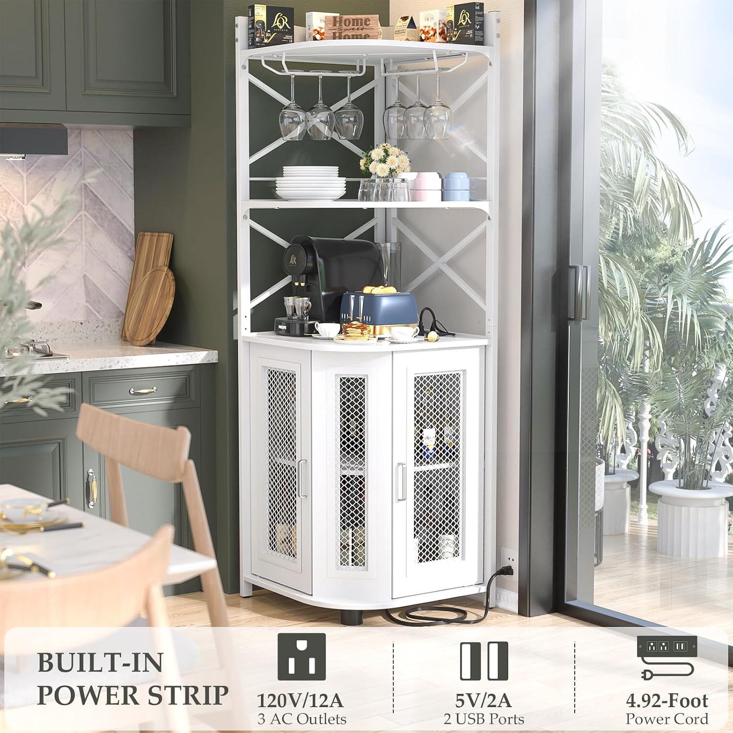Aheaplus Corner Bar Cabinet with Power Outlet, Industrial Wine Cabinet with LED Strip and Glass Holder, 5-Tiers Liquor Cabinet Bar Unit for Home, Corner Display Cabinet for Small Space, White