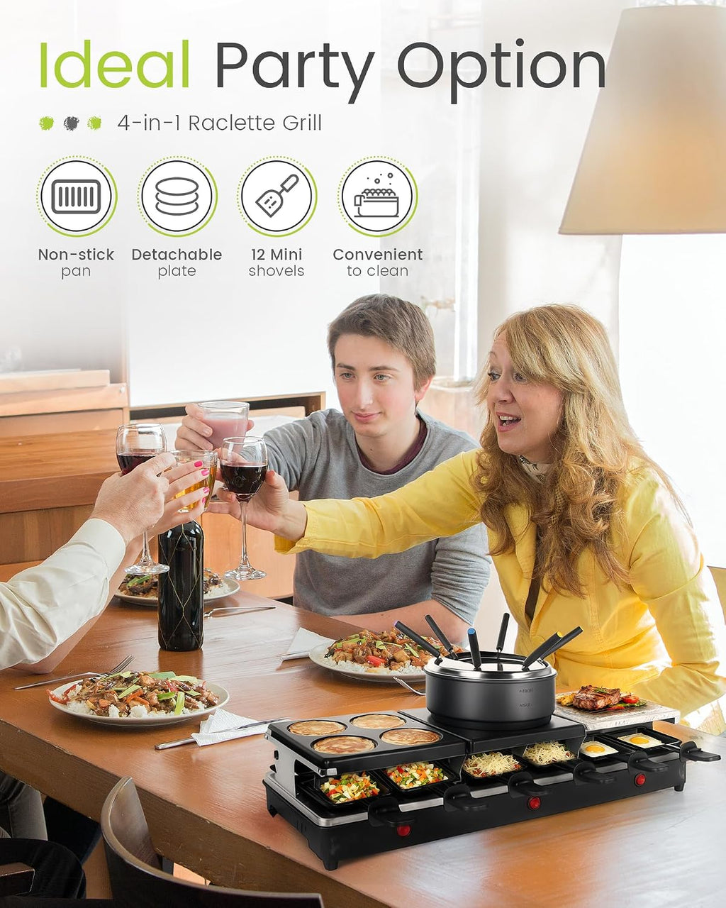 Raclette Table Grill - Indoor Electric Grill Griddle - Nonstick Extra Large Reversible 4-In-1 Outdoor Dishwasher Safe with Cheese 12 Paddles 12 Spatulas for 12 Person, FD-12RN1650