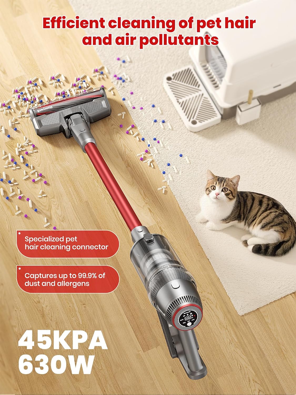Honeywell Smart Cordless Vacuum Cleaner w/Automatic Adjustment, 10-in-1 Lightweight Stick with 3000mAh Battery 70Mins Runtime, Rechargeable Vacuum for Pet Hair/Carpet/All Floor, VC14, Graphite/Red