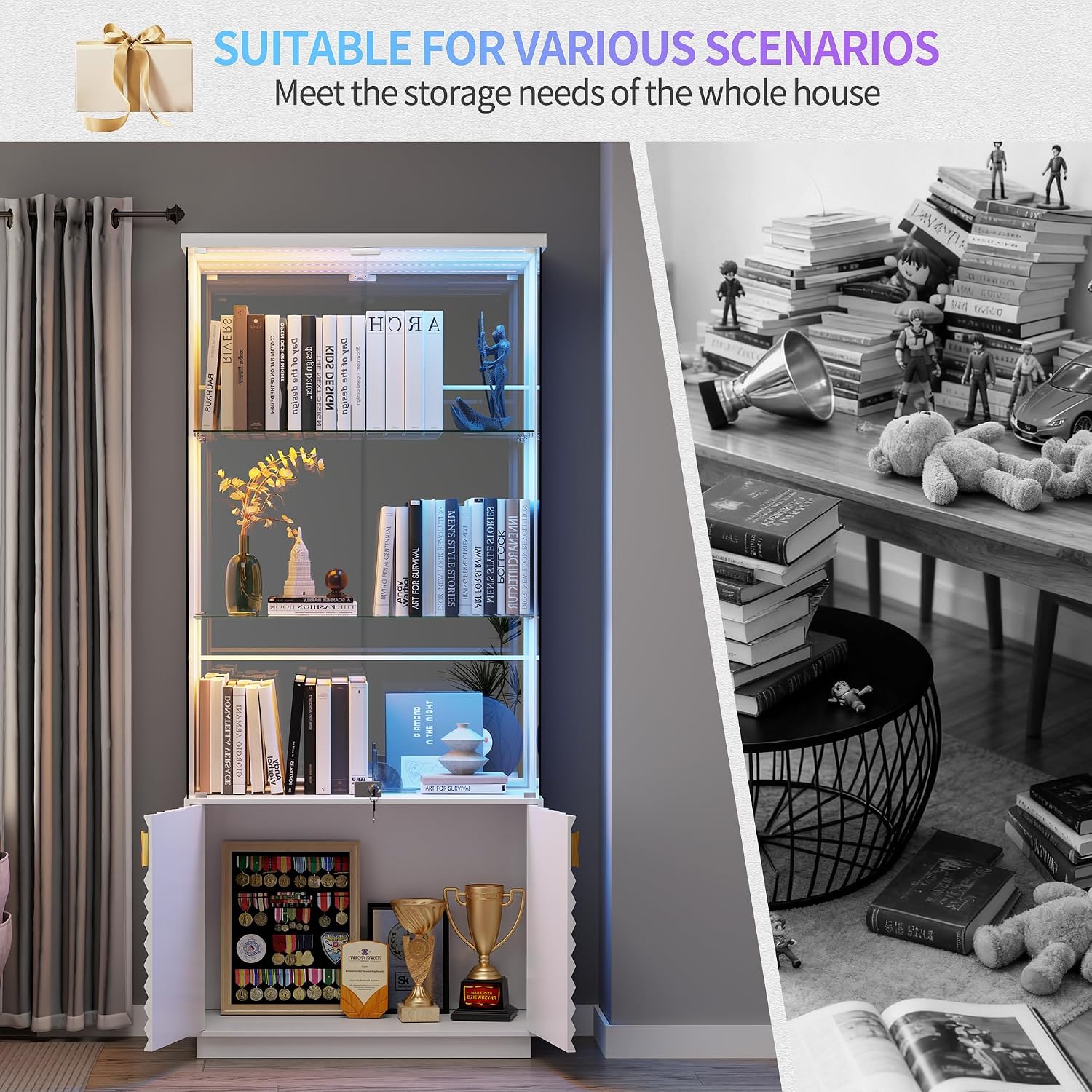 HNEBC Display Cabinet with Glass Doors - 71' High Gloss Curio Cabinet with Adjustable Glass Shelf, Lockable Display Cases with RBG Lights and Human Body Sensor for Collectibles, White