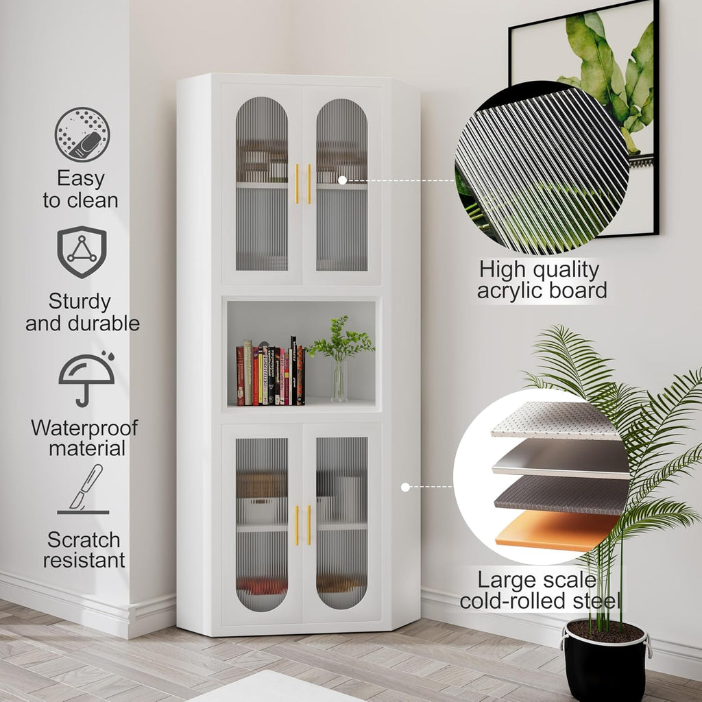 GAIOUS 63.6' Farmhouse Corner Cabinet, Tall Metal Pantry Storage Cabinet with 4 Acrylic Glass Doors & 1 Open Bar Shelf, Corner Cupboard for Kitchen Bathroom Living Room Bedroom Hallways (White)
