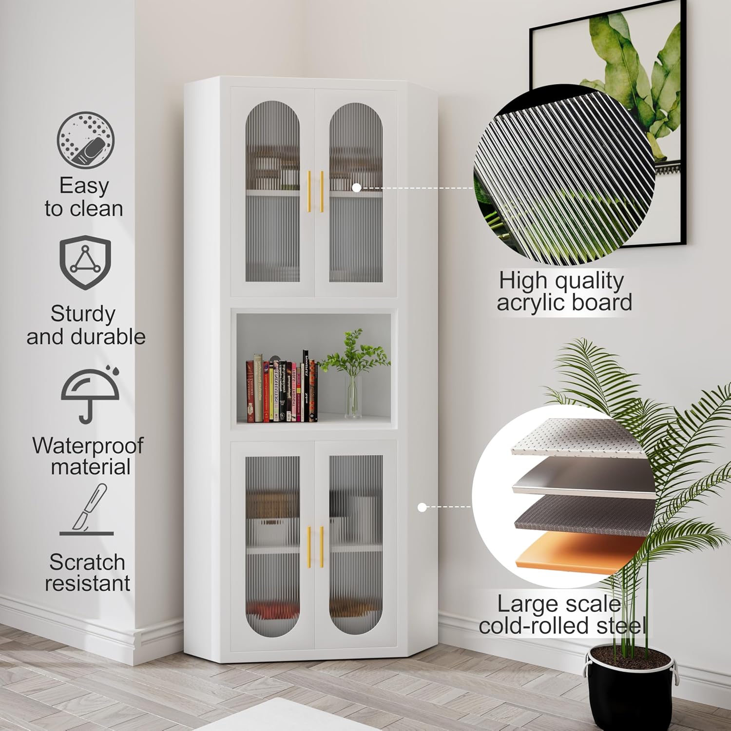 GAIOUS 63.6' Farmhouse Corner Cabinet, Tall Metal Pantry Storage Cabinet with 4 Acrylic Glass Doors & 1 Open Bar Shelf, Corner Cupboard for Kitchen Bathroom Living Room Bedroom Hallways (White)