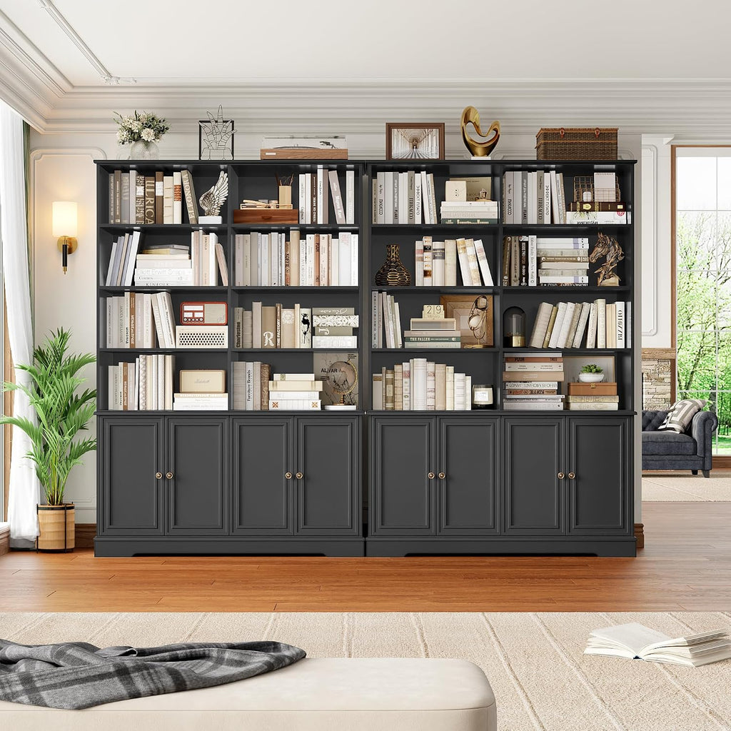 FINETONES 73' Black Bookshelf with Doors, 6 Tier Tall Bookshelf Double Wide Bookcases and Bookshelves with Storage, Large Display Cabinets for Home Office,Living Room, Library