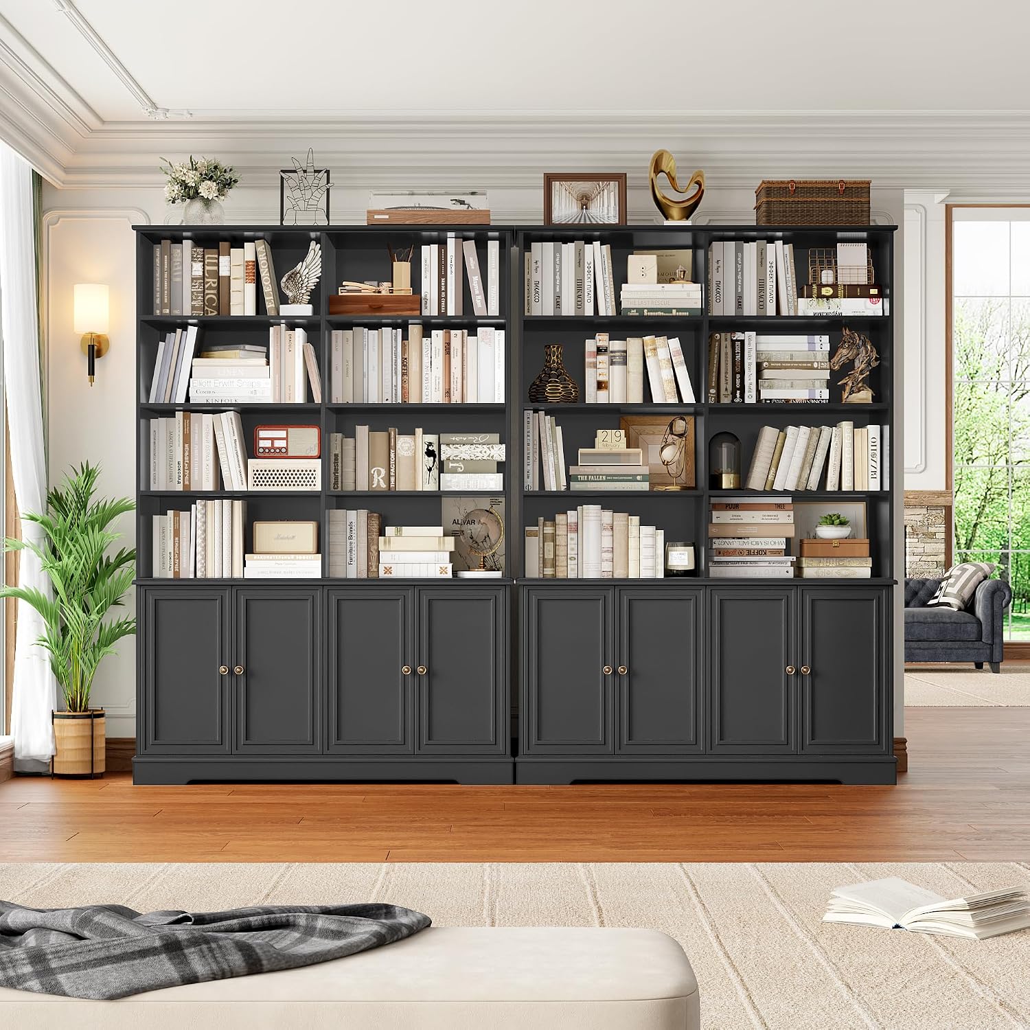 FINETONES 73' Black Bookshelf with Doors, 6 Tier Tall Bookshelf Double Wide Bookcases and Bookshelves with Storage, Large Display Cabinets for Home Office,Living Room, Library