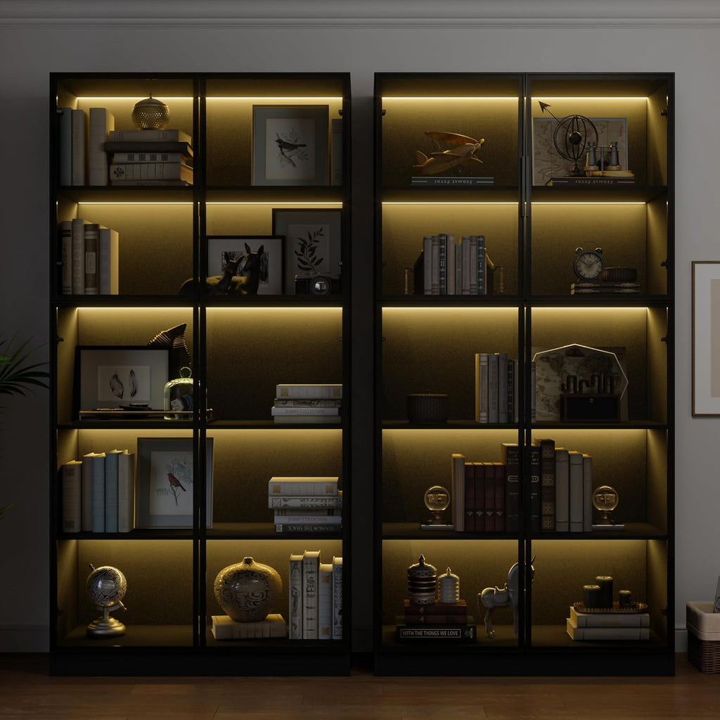Bobve 78.7' Display Cabinet with 4 Glass Doors, 5 -Tier Storage Cabinet with APP Control LED Lights, Tall Black Bookcase with Storage, Wooden Display Case for Collectible, Living Room, Office(Black)