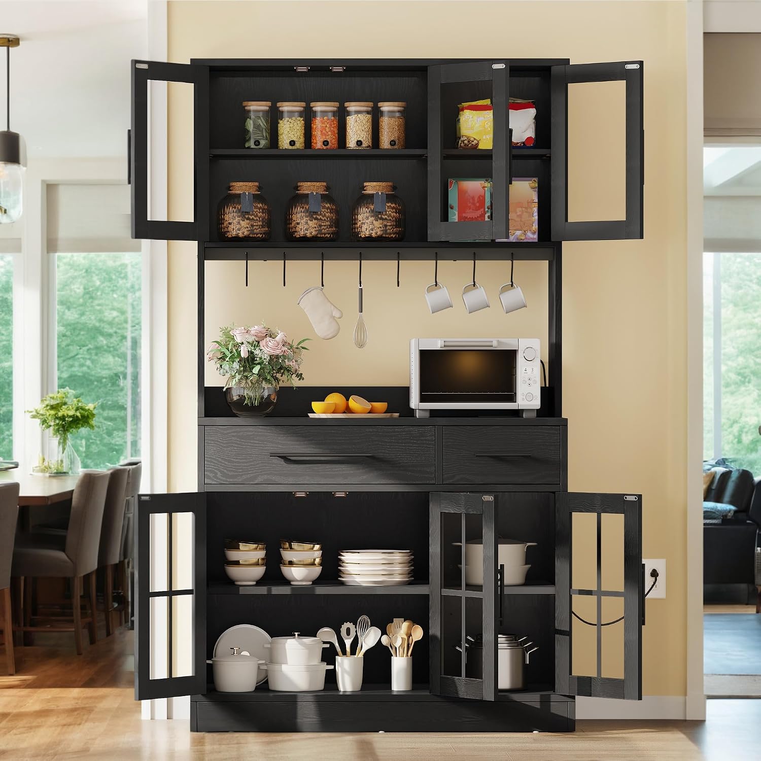 DWVO 2-Pack Kitchen Pantry Storage Cabinet Set, 71'' Tall Coffee Bar Cabinets with Microwave Stand and Power Outlet, Glass Door Kitchen Hutch with Drawers ＆ Shelves for Home Living Dining Room, Black