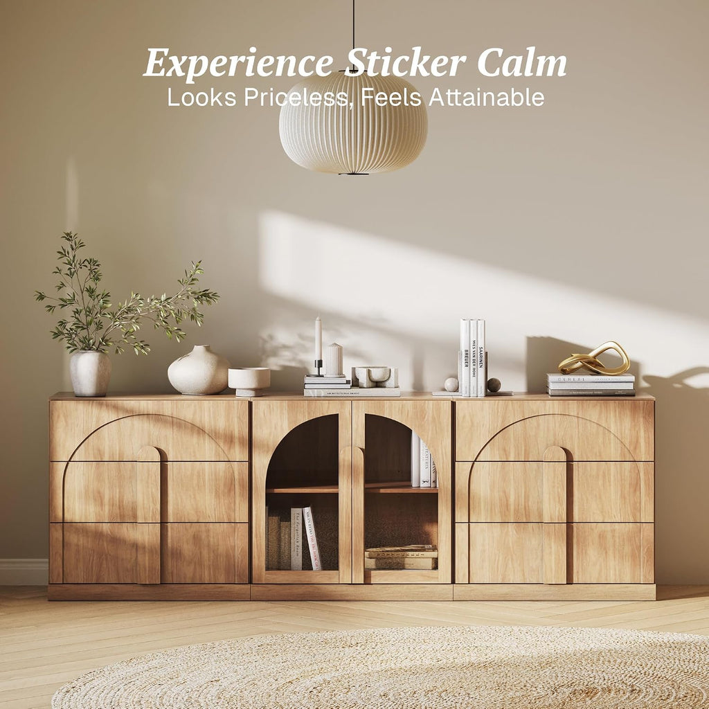 BELLEZE 3-Piece Sideboard Cabinet Set Freely Configurable, Modern Wood Modular Cabinet Contain 2 3-Drawer Storage and Display Glass Door, Accen Storage Console for Dining Room Living Room, Camel