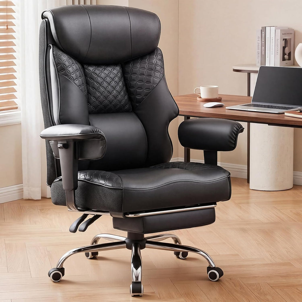 GTPLAYER Big and Tall Office Chair, High Back Computer Gaming Chair with Ergonomic Lumbar Support &Pocket Spring Cushion for Lower Back Pain Relief, Leather Executive Chair with Foot Rest, Black