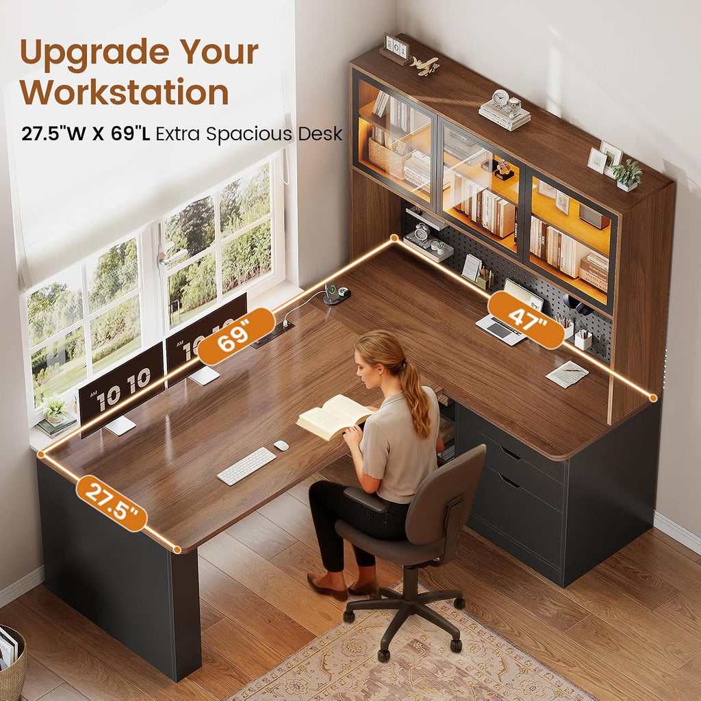SEDETA L Shaped Office Desk, Computer Desk with 3 Wood Drawer and Large Bookshelf, L Shaped Corner Gaming Desk with LED Light, Display Cabinet and Pegboard, 27.5' W Large Desktop Table, Brown