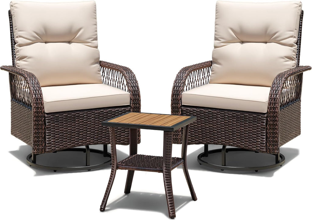Devoko Patio Furniture Set Outdoor 3 Pieces Wicker Swivel Rocking Chairs Set of 2 with Coffee Table, Patio Conversation Set for Porch, Balcony, Deck, Garden (Brown)
