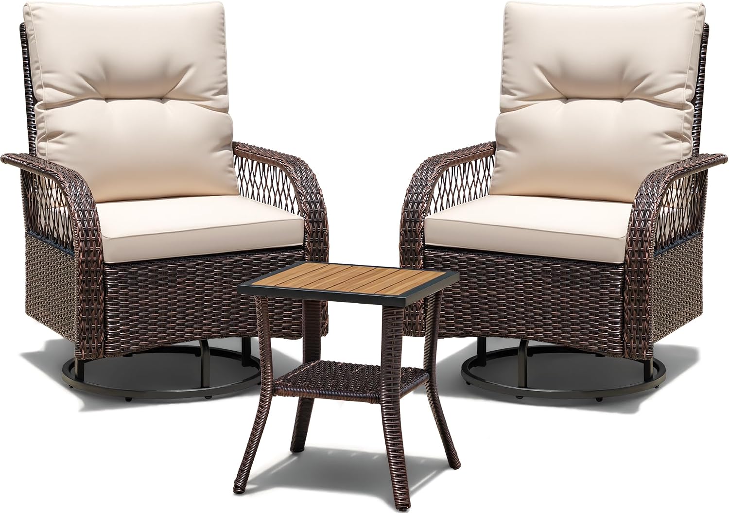 Devoko Patio Furniture Set Outdoor 3 Pieces Wicker Swivel Rocking Chairs Set of 2 with Coffee Table, Patio Conversation Set for Porch, Balcony, Deck, Garden (Brown)