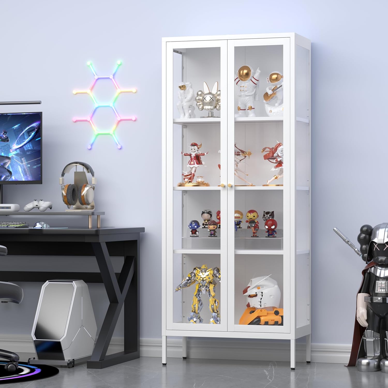 UNICOLY Display Cabinet with Glass Doors, Glass Display Cabinet 4-Tier, Metal Curio Display Cabinet with Tempered Glass Doors for Living Room, Plant, Display Shelf, Assembly Required, White