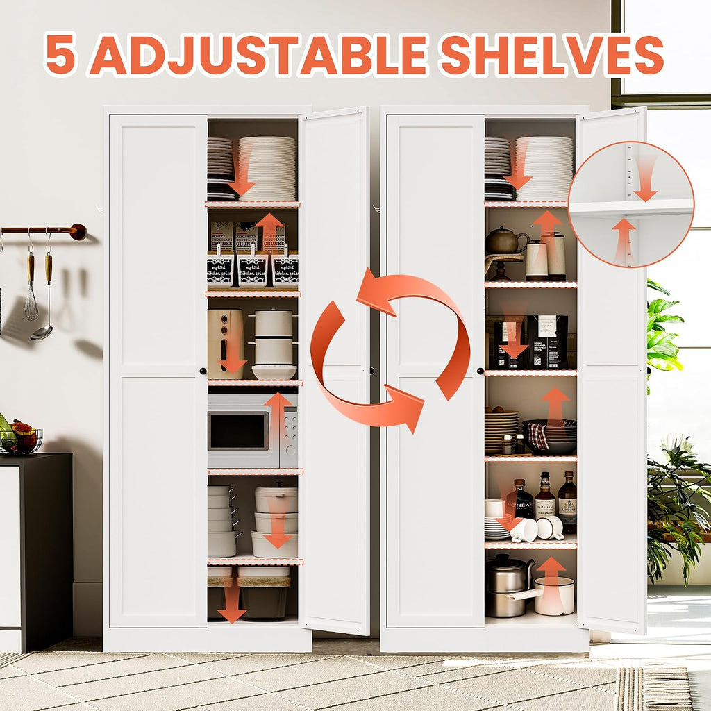 72' Kitchen Pantry Cabinet with 2 Doors and 5 Shelves,White Metal Garage Storage Cabinets,Freestanding Steel Tool Cabinet Utility Cabinets Cupboard for Kitchen,Living,Dining Room,Bathroom