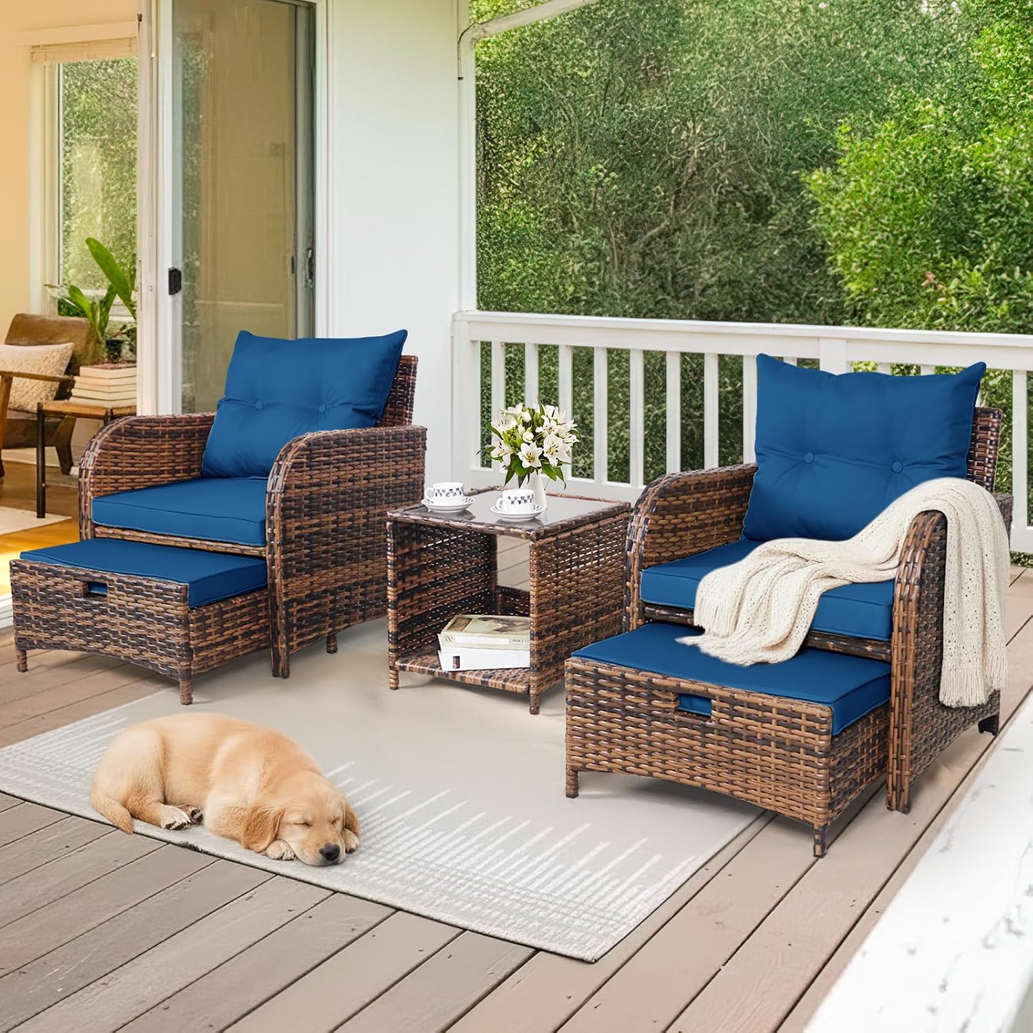 5 Pieces PE Wicker Patio Chairs with Ottomans, Outdoor Balcony Chairs with Ottomans, 5 PCS Outdoor Patio Furniture Set with Ottoman for Porch Sunroom Poolside, Blue Cushion