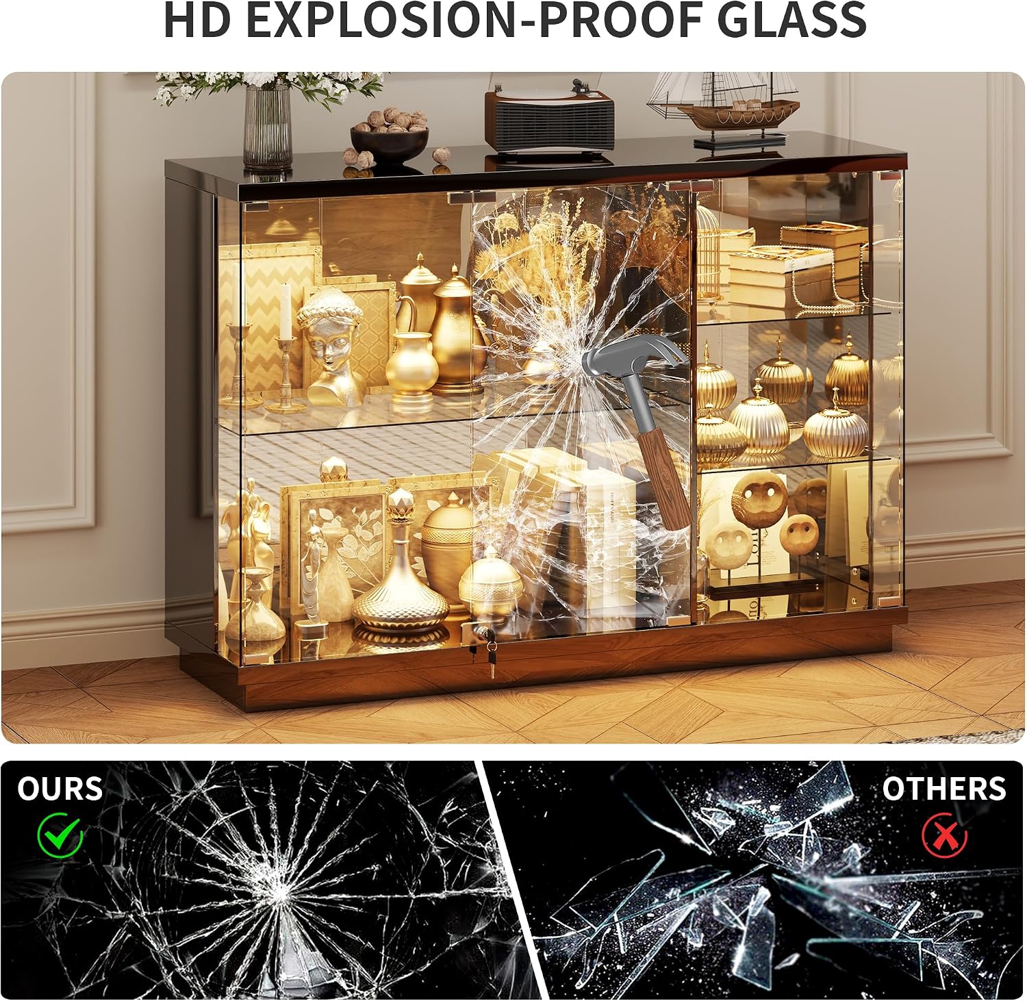 HNEBC Lockable Display Curio Cabinet with Glass Door,47.2' W Glass Display Cabinet with 3 Color Lights for Collectibles,5-Tier Lighted Display Case with Human Sensor,Living Room,Black
