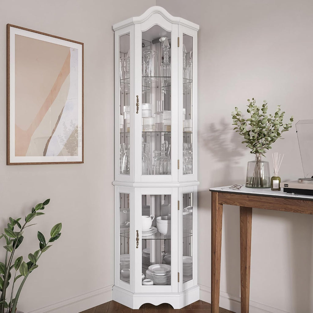 BELLEZE Lighted 3-Side Glass Display Curio Cabinet w/ Tempered Glass Doors and Shelves, Curved Wood Corner Cabinet with Bulb, Corner Storage Rack (White)