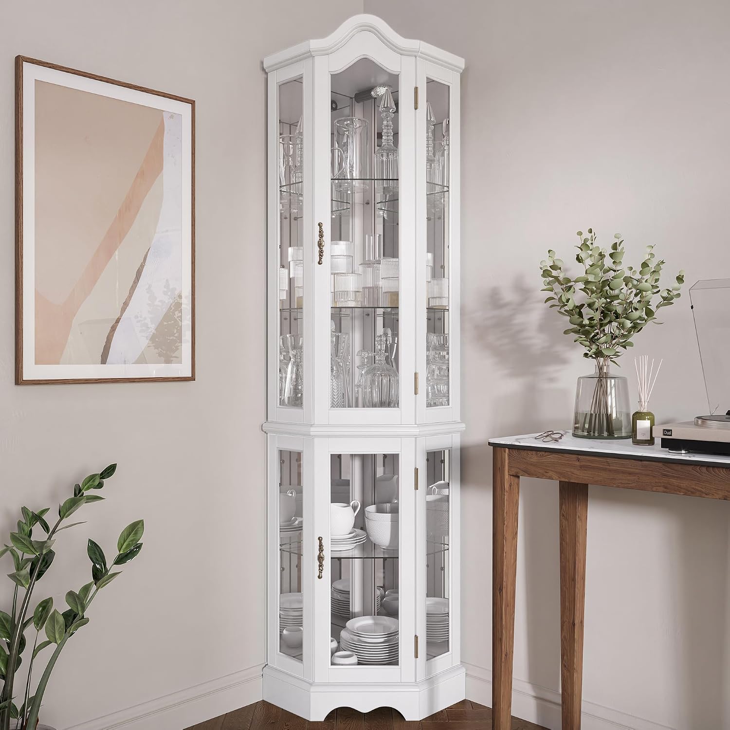 BELLEZE Lighted 3-Side Glass Display Curio Cabinet w/ Tempered Glass Doors and Shelves, Curved Wood Corner Cabinet with Bulb, Corner Storage Rack (White)