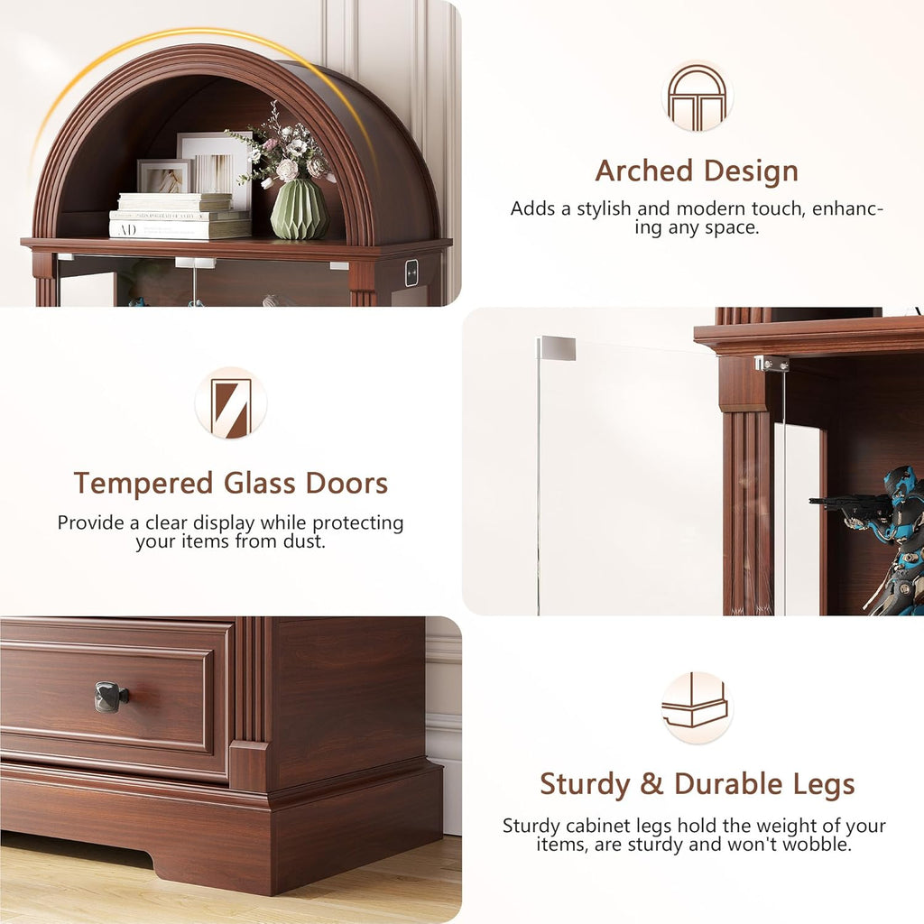 Dystler Curio Cabinet with Glass Doors, 72' Tall Arched Display Cabinet with Human Sensor Lights, 4-Tier Display Case for Collectibles Bookcase Living Room, Walnut
