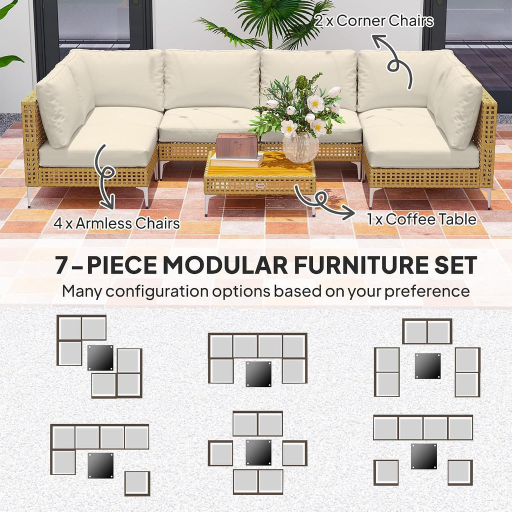 Outsunny 7 Piece Wicker Patio Furniture Set, Modular Outdoor Sectional with Thickened Cushions, Rattan Outdoor Furniture Conversation Set with Slatted Acacia Wood Table for Backyard, Khaki/Beige