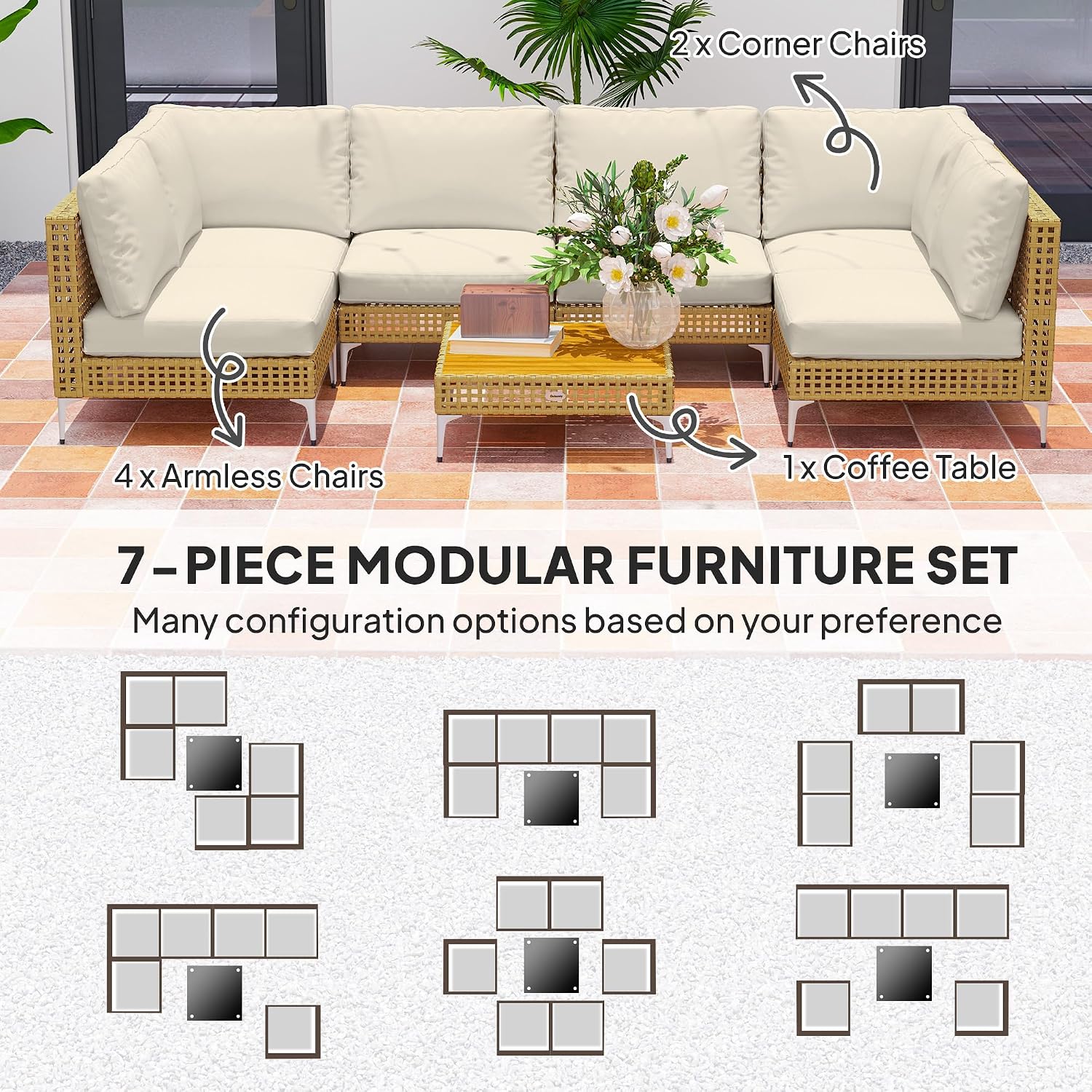 Outsunny 7 Piece Wicker Patio Furniture Set, Modular Outdoor Sectional with Thickened Cushions, Rattan Outdoor Furniture Conversation Set with Slatted Acacia Wood Table for Backyard, Khaki/Beige