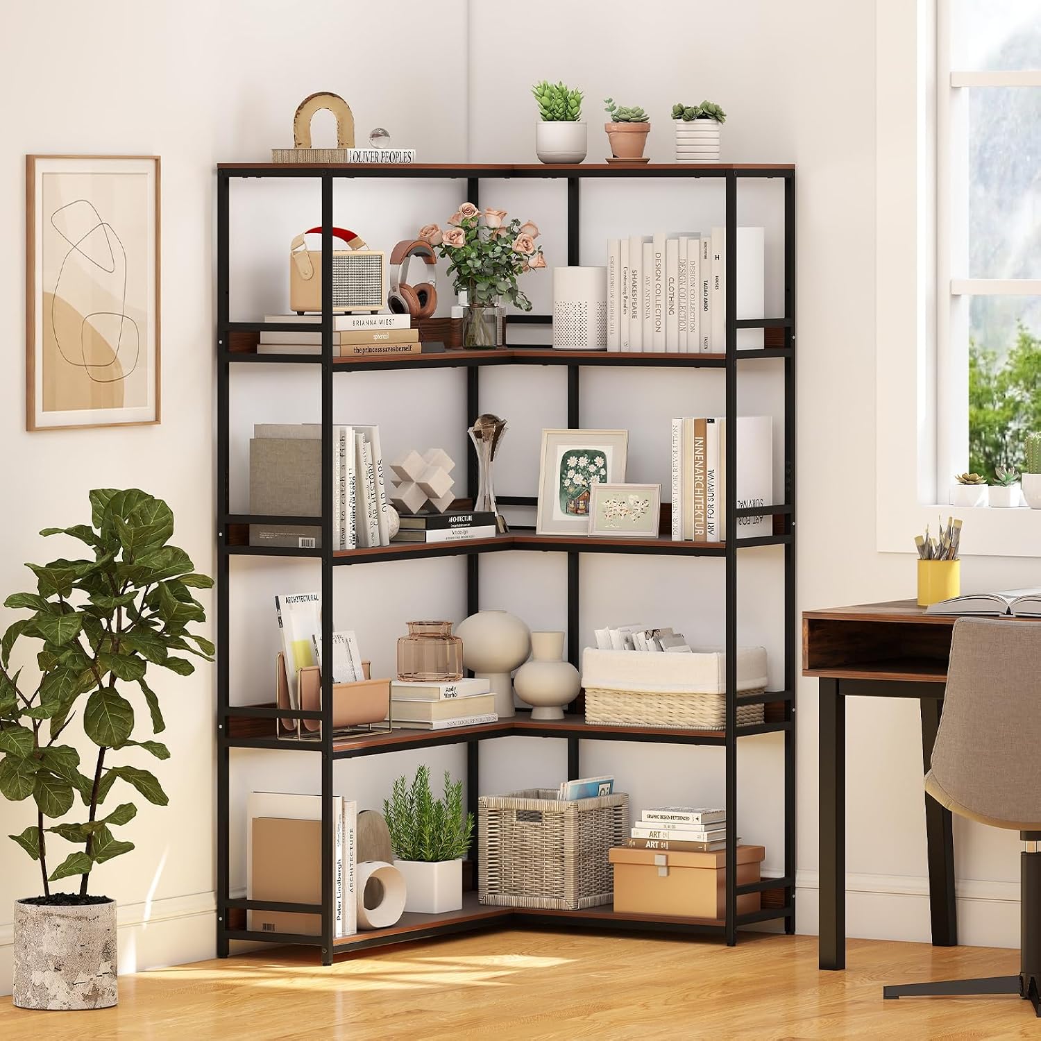 Giantex 5-Tier Corner Bookshelf, 71' L-Shaped Bookcase, Tall Etagere Bookshelf with Metal Frame, Industrial Open Display Shelf, Vertical Storage Rack for Living Room, Study, Office (Walnut)
