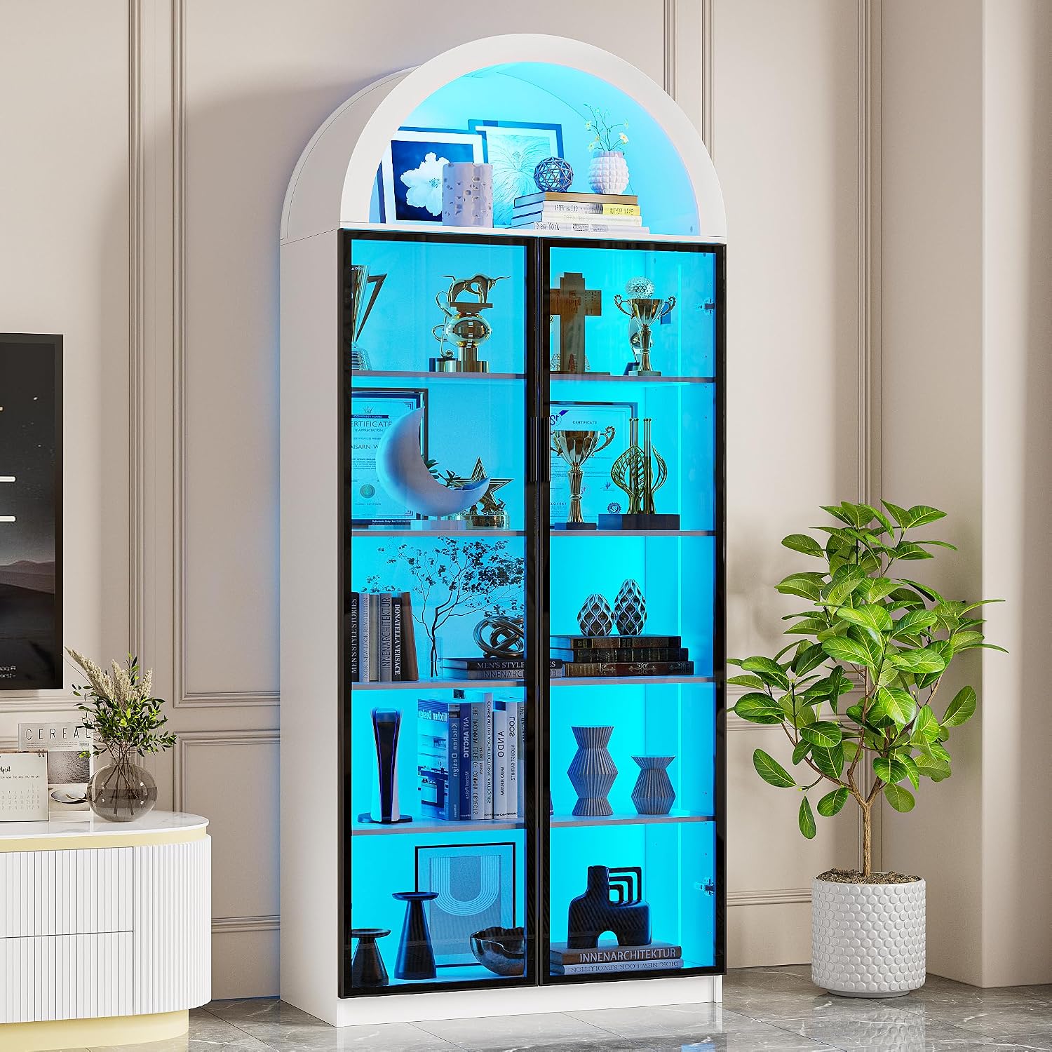 FREDEES Arched Display Cabinet with Doors, 76' Tall Curio Cabinet with Adjustable Shelves/3 Colors LED Lights, 6 Tier Display Case for Collectibles, White