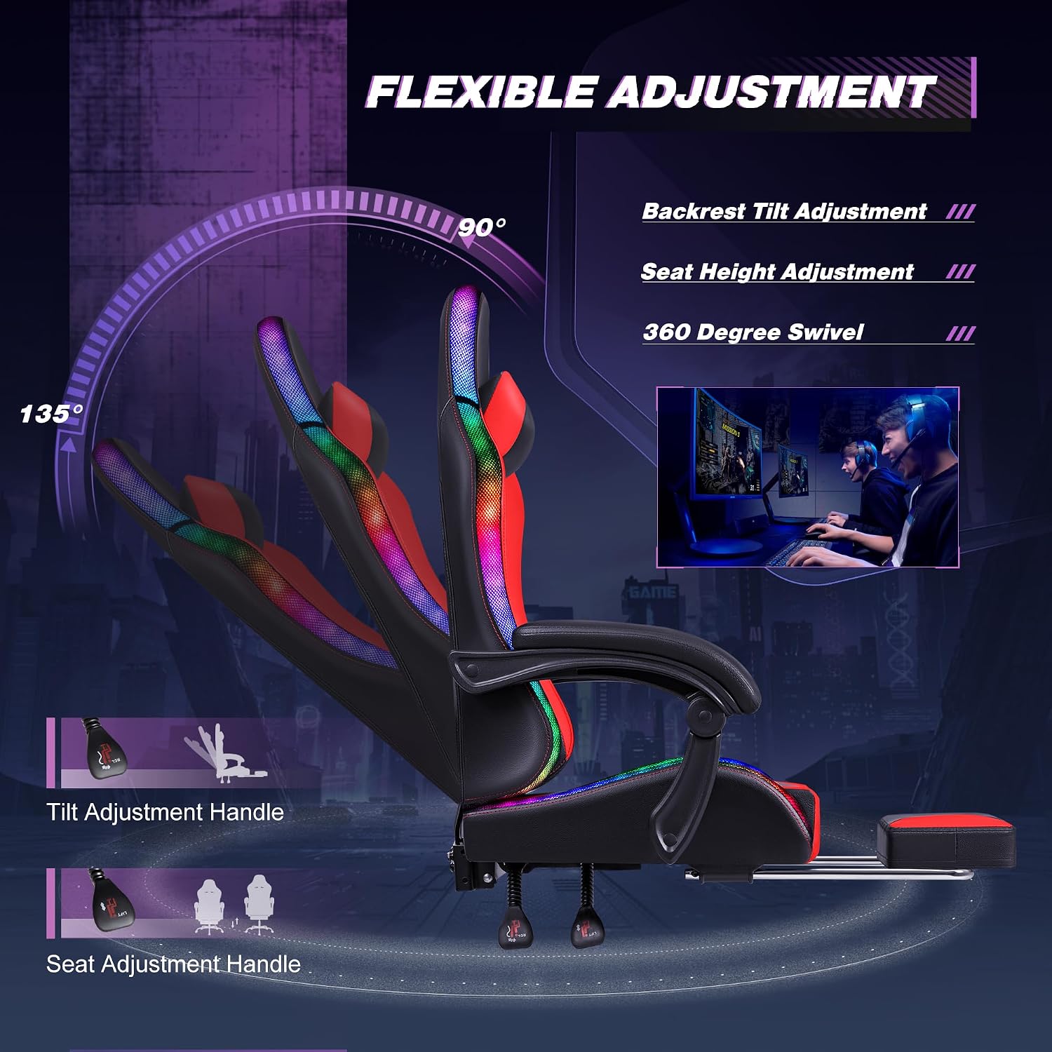 Homall Gaming Chair, Video Game Chair with Footrest and Massage Lumbar Support, Ergonomic Computer Chair Height Adjustable with Swivel Seat and Headrest (RGB Red)