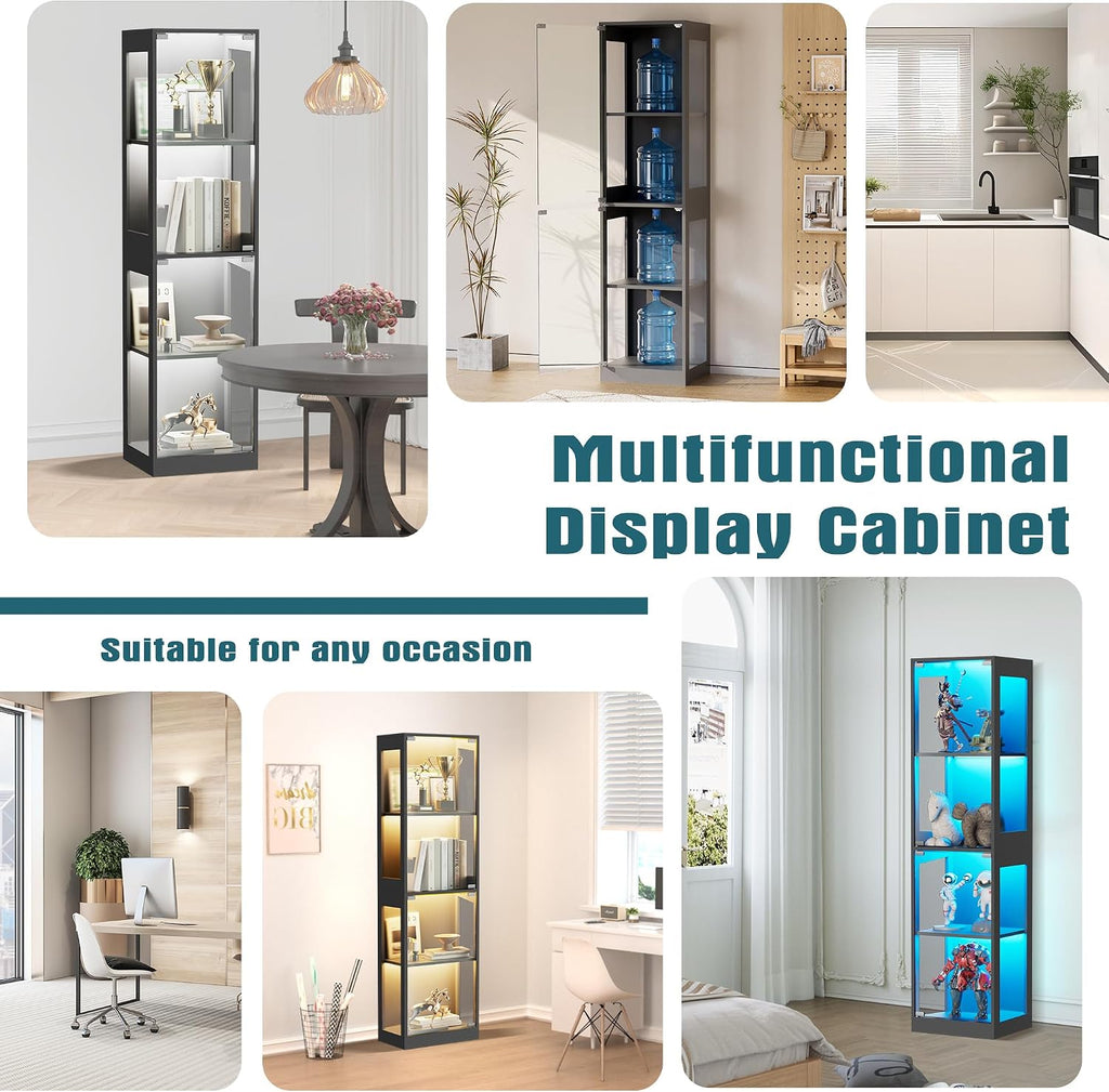 Grepatio Display Cabinet with Glass Doors, 4-Tier Display Case with RGB Lights, Glass Toy Display Cabinet for Collectible, Curio Cabinets Collectibles Display Shelf for Playroom, Living Room (Black)