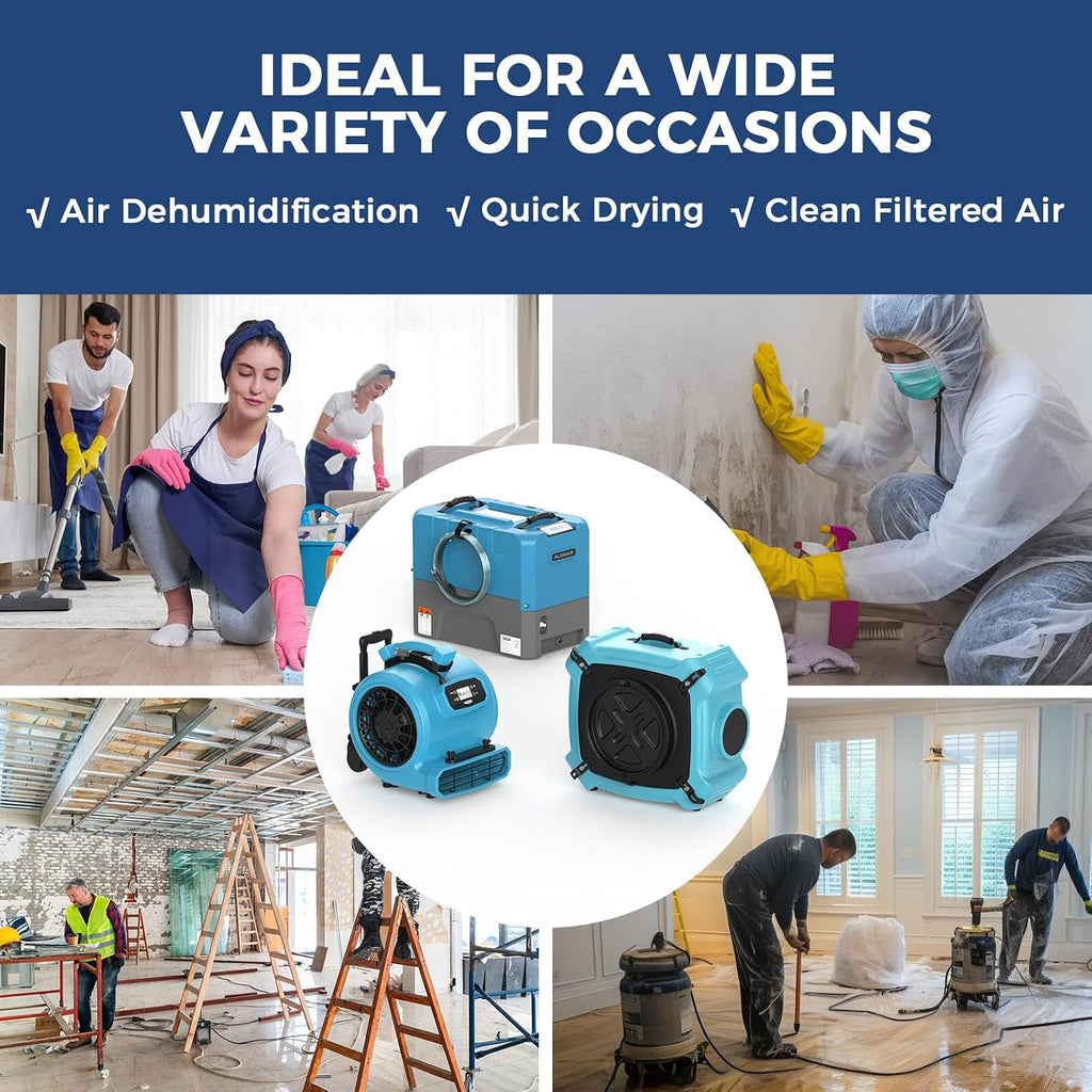 ALORAIR Water Damage Restoration Combo Package 8x Air Mover 2x Air Scrubber 1x Commercial Dehumidifier Ideal for Industrial, Commercial & Home Use - Set 4